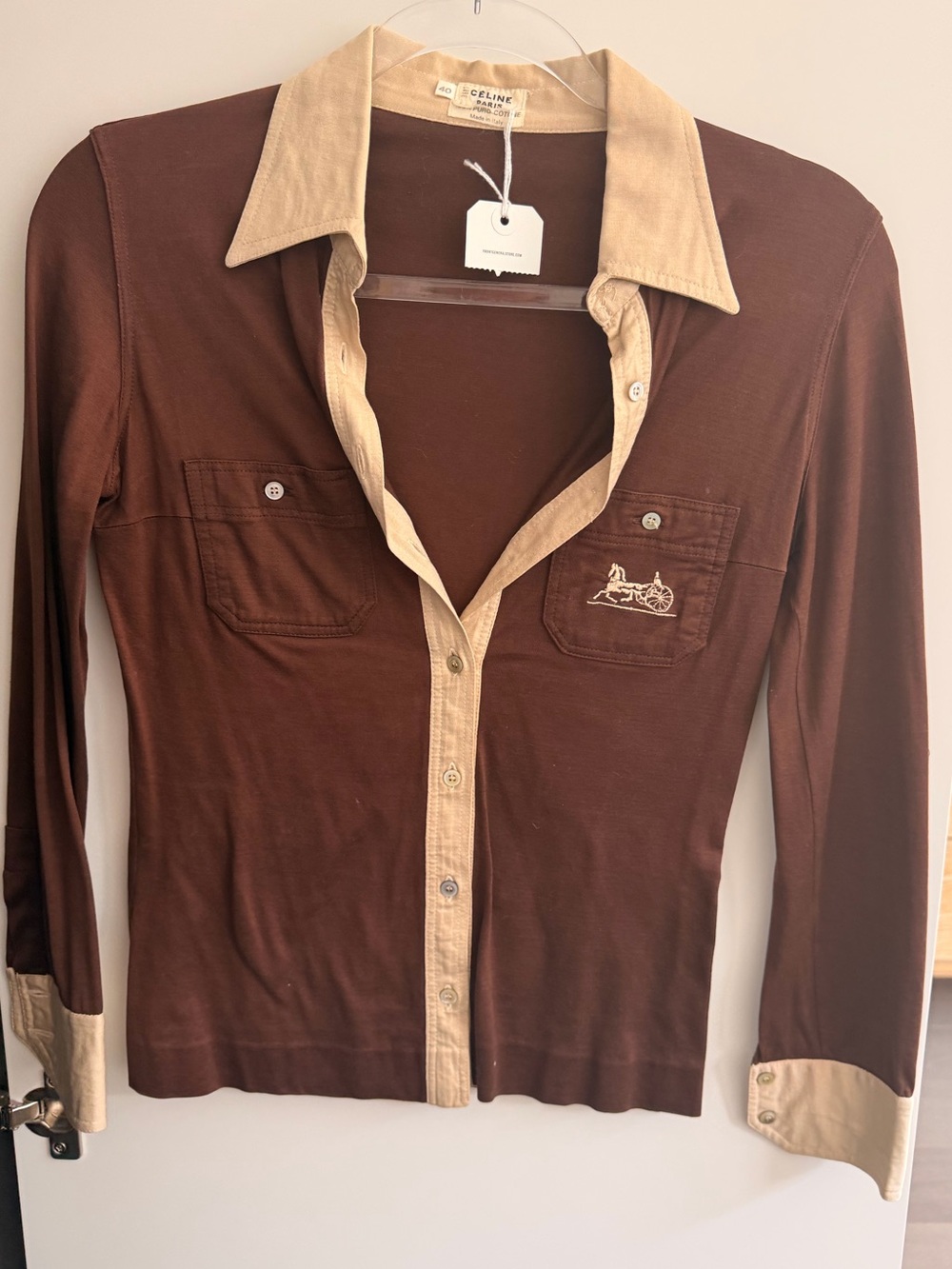 Celine Vintage Brown Button-Down Shirt with Beige Contrast Collar